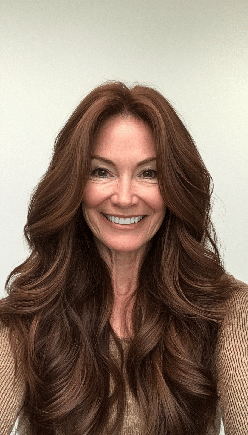 20. Classic Center-Parted Waves in Dark Chestnut (Long Hairstyles For Women Over 60) - Long Hairstyles For Women Over 60
