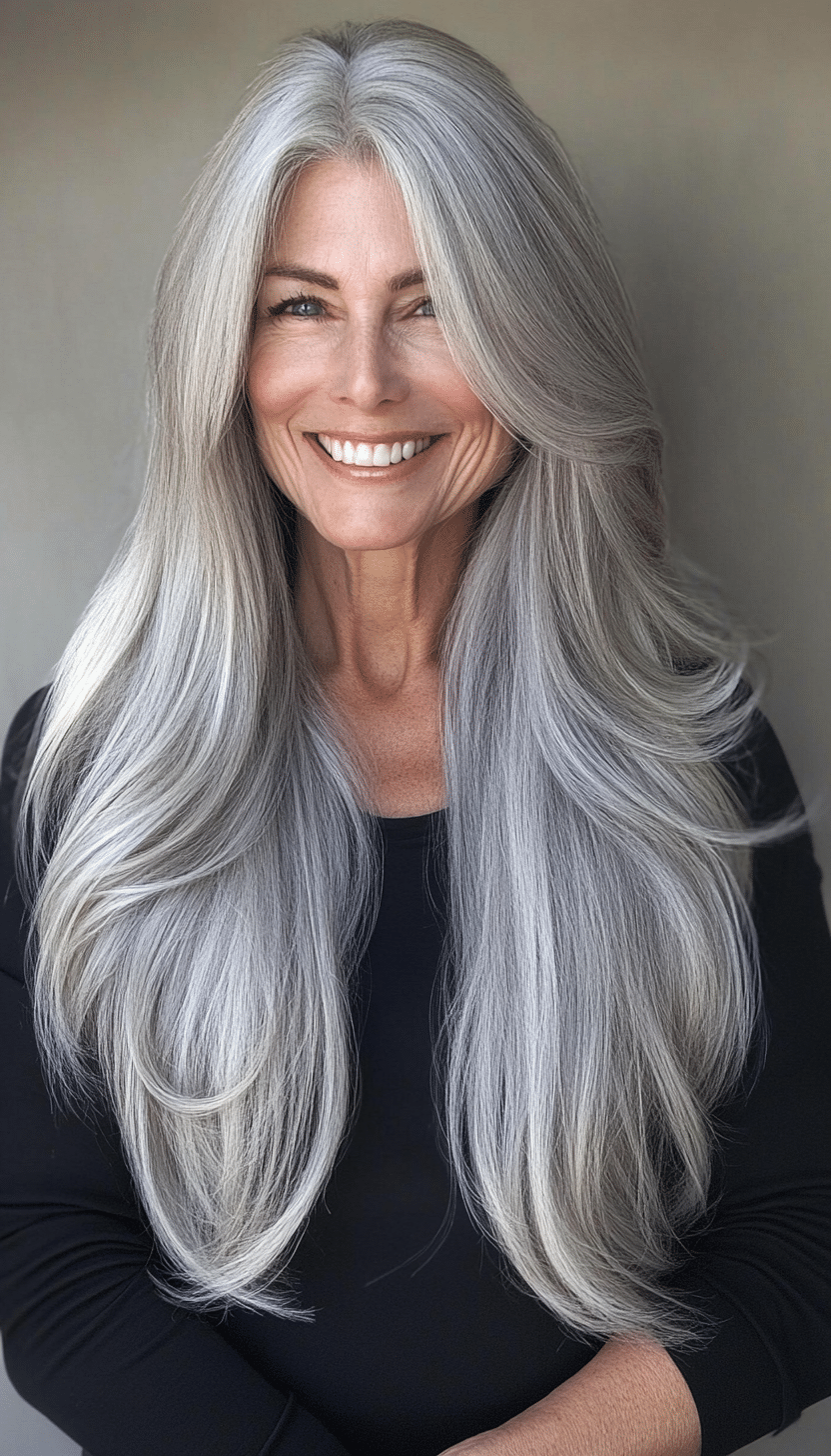 25. Elegant Tucked Layers in Silky Pearl Gray (Long Hairstyles For Women Over 60) - Long Hairstyles For Women Over 60