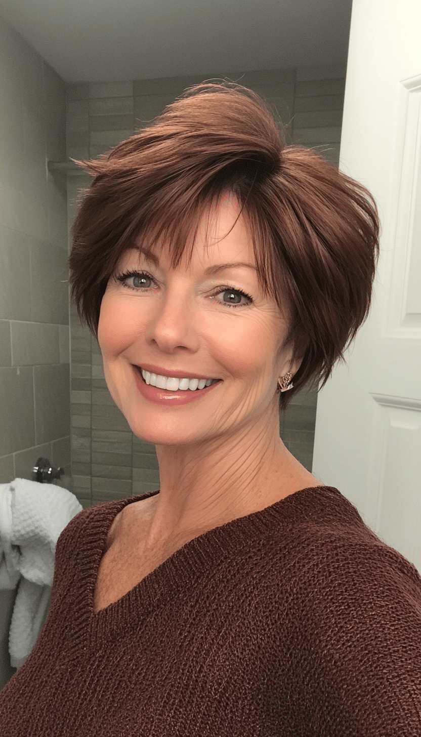 2. Feathered Crop in Dark Chestnut (Very Short Haircuts For Older Women) - Very Short Haircuts For Older Women