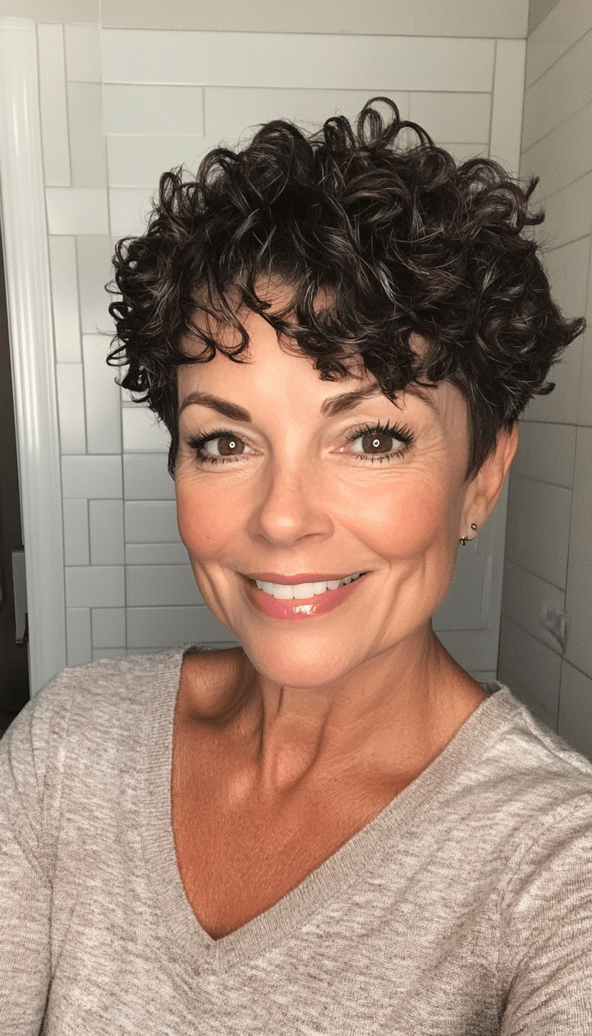 4. Curly Pixie with Deep Espresso Roots (Very Short Haircuts For Older Women) - Very Short Haircuts For Older Women