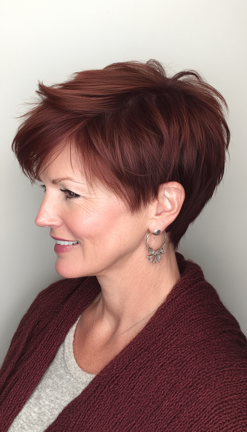 14. Side-Swept Pixie in Rich Mahogany (Very Short Haircuts For Older Women) - Very Short Haircuts For Older Women