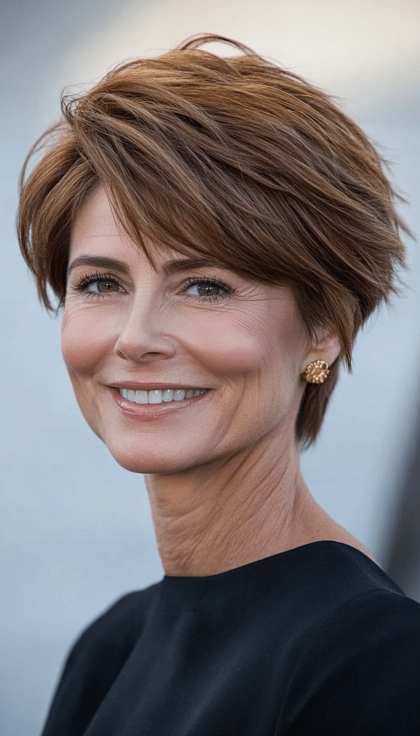 15. Breezy Layered Cut in Soft Caramel Brown (Very Short Haircuts For Older Women) - Very Short Haircuts For Older Women
