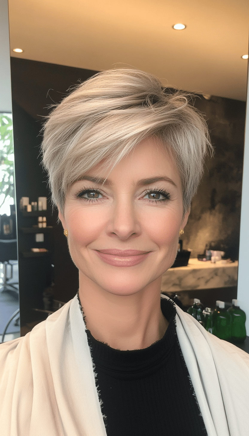 22. Asymmetrical Pixie in Cool Dark Blonde (Very Short Haircuts For Older Women) - Very Short Haircuts For Older Women