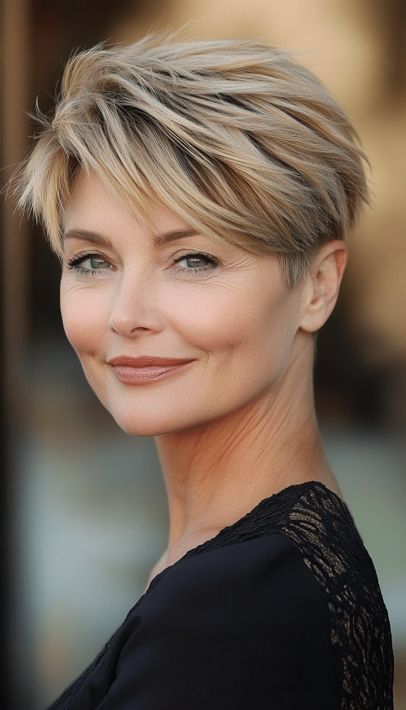 27. Softly Layered Pixie in Dark Golden Blonde (Very Short Haircuts For Older Women) - Very Short Haircuts For Older Women