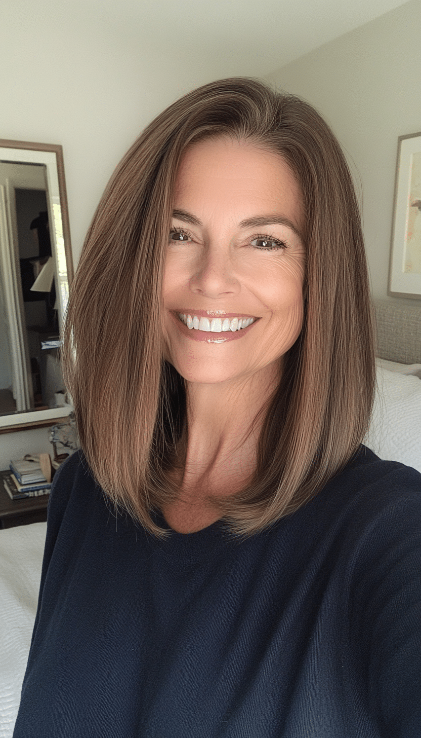 7. Classic Lob in Warm Brunette (Hairstyles For Women Over 50) - Hairstyles For Women Over 50