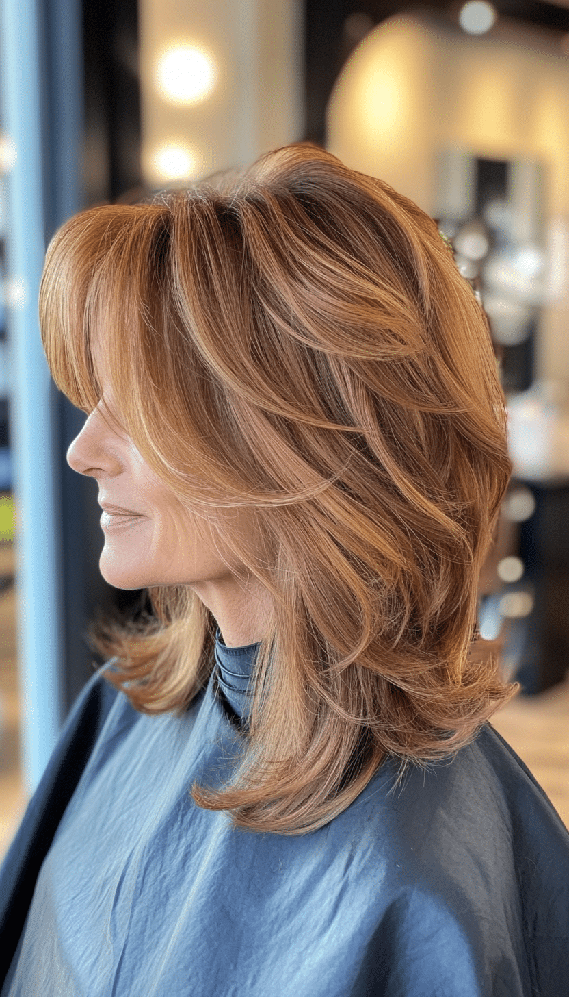 10. Wispy Bangs with Layered Shag in Warm Caramel (Hairstyles For Women Over 50) - Hairstyles For Women Over 50