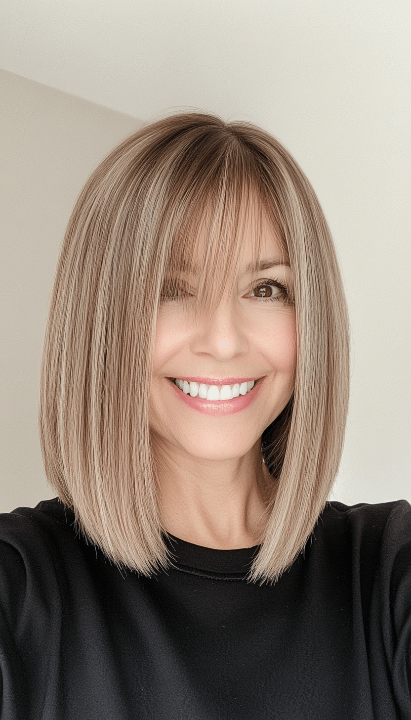 25. Straight Bob with Curtain Bangs in Sandy Brown (Hairstyles For Women Over 50) - Hairstyles For Women Over 50
