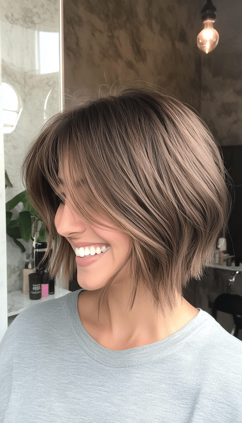 9. Mocha Latte Stacked Bob with Wispy Bangs (Stacked Bob Haircuts) - Stacked Bob Haircuts