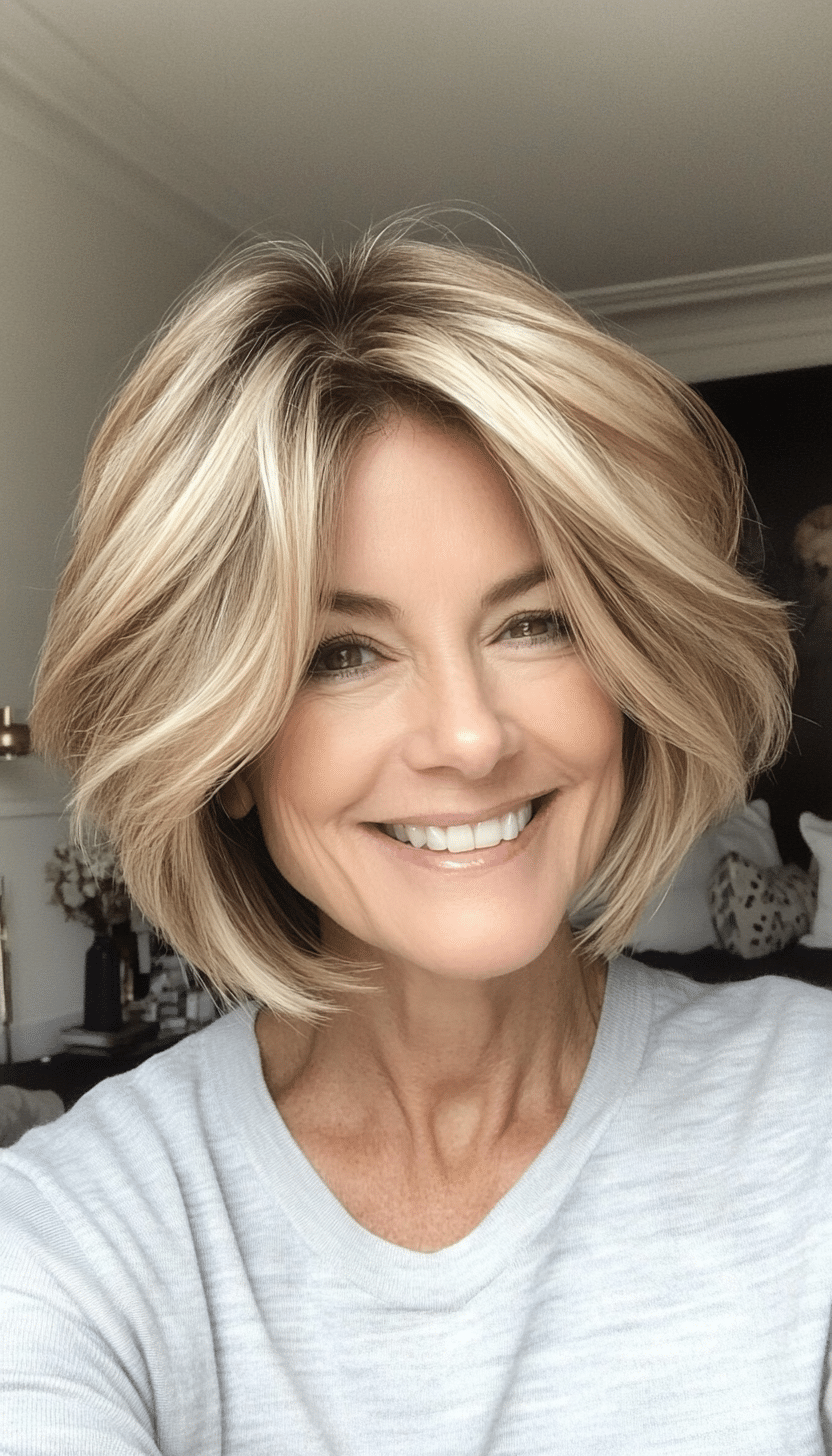 1. Feathered Bob with Honey Blonde Highlights (Hairstyles For Women Over 50 With Fine Hair) - Hairstyles For Women Over 50 With Fine Hair