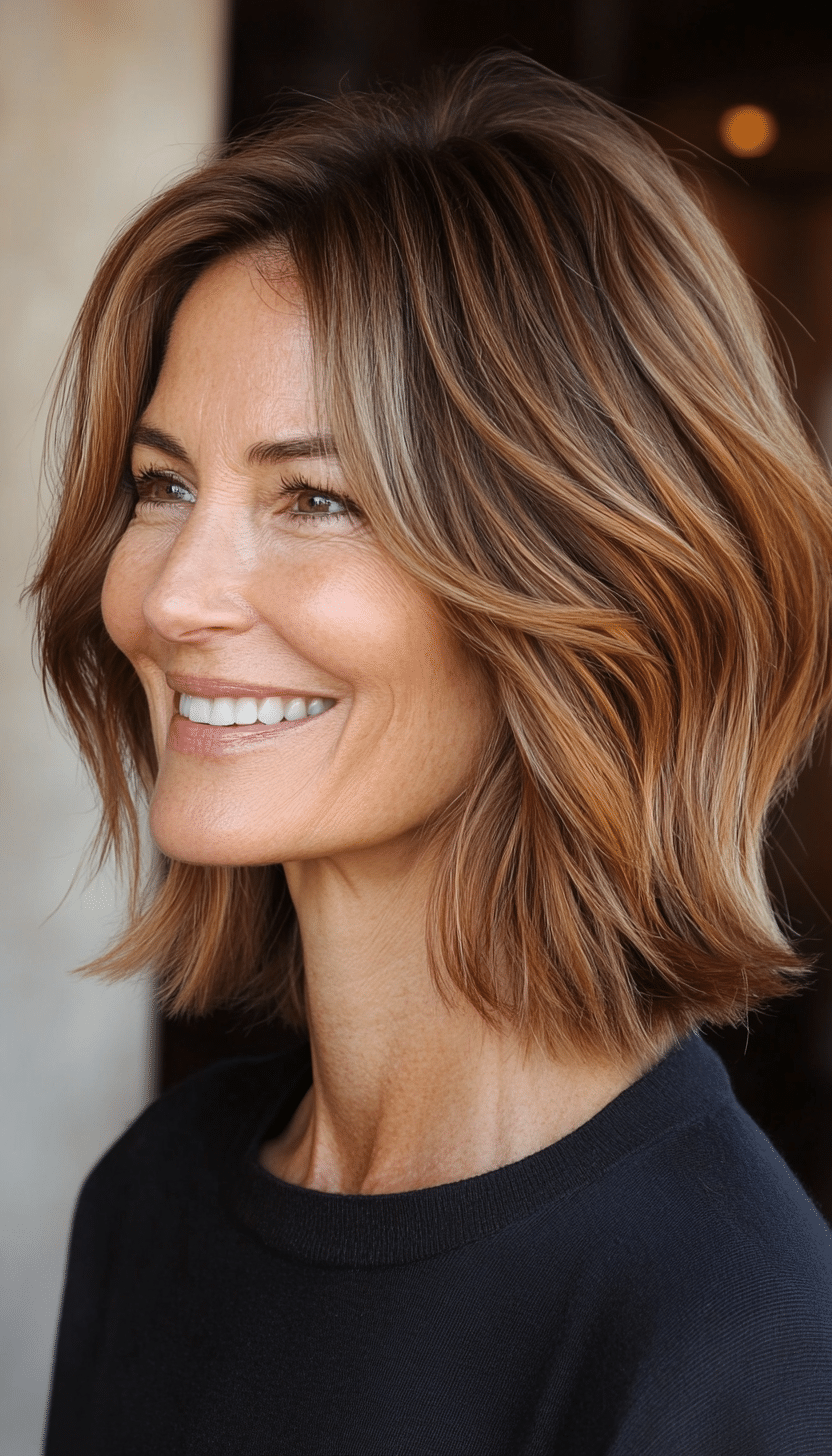 4. Chin-Length Bob with Caramel Balayage (Hairstyles For Women Over 50 With Fine Hair) - Hairstyles For Women Over 50 With Fine Hair