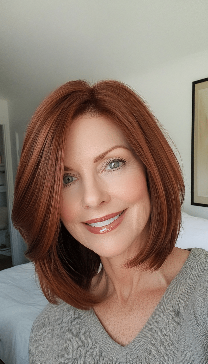 8. Side-Swept Bob in Rich Auburn (Hairstyles For Women Over 50 With Fine Hair) - Hairstyles For Women Over 50 With Fine Hair