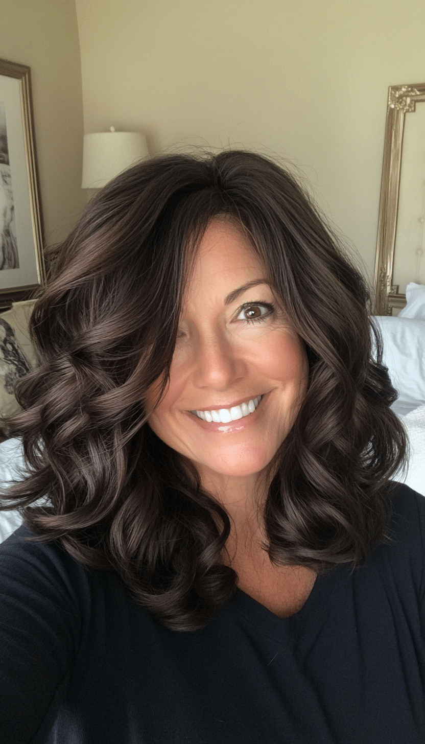 10. Voluminous Curls in Espresso Brown (Hairstyles For Women Over 50 With Fine Hair) - Hairstyles For Women Over 50 With Fine Hair