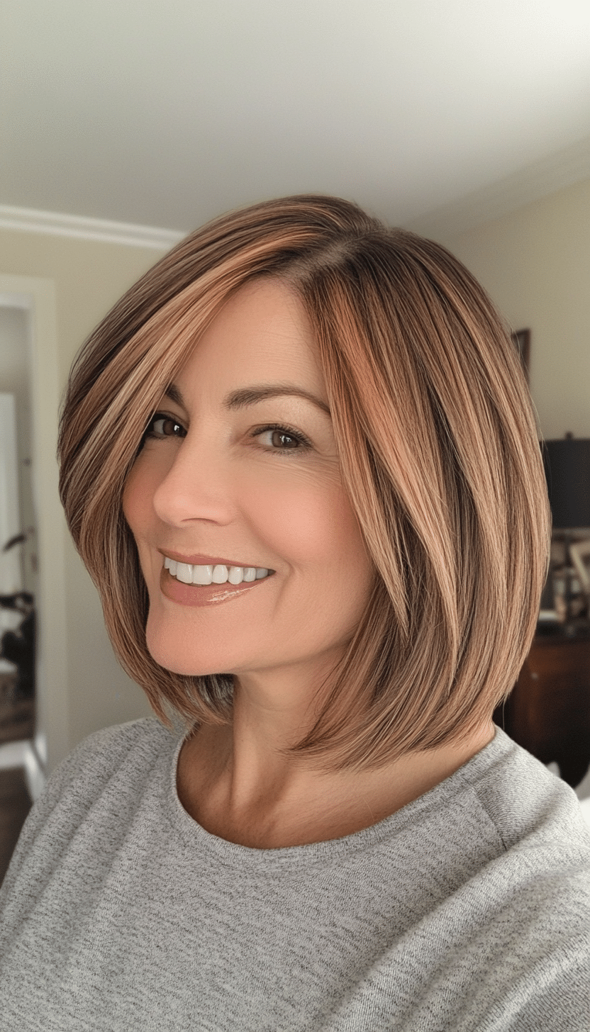 13. Angled Bob with Cinnamon Highlights (Hairstyles For Women Over 50 With Fine Hair) - Hairstyles For Women Over 50 With Fine Hair