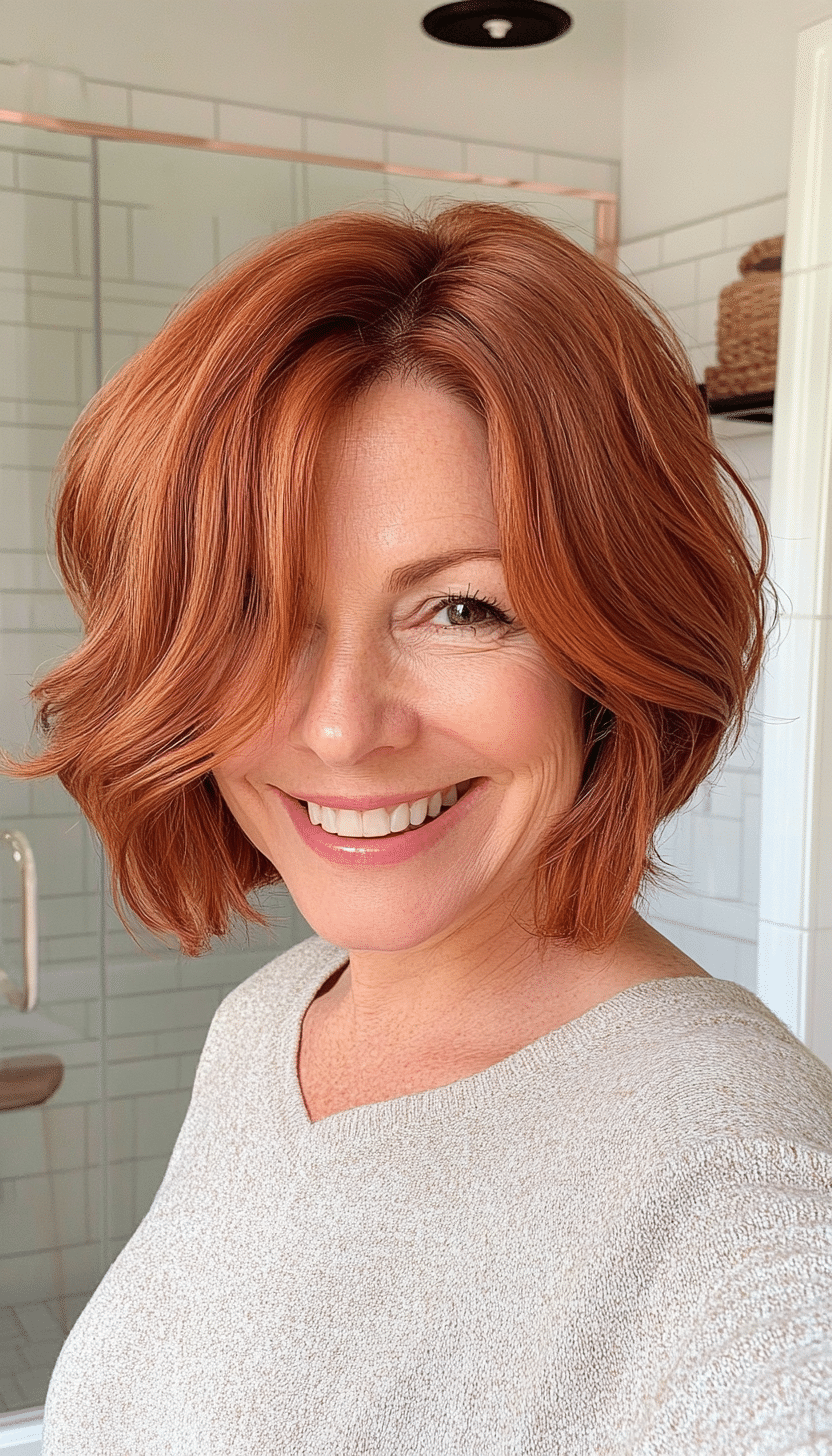 17. Curved Bob with Soft Copper Hues (Hairstyles For Women Over 50 With Fine Hair) - Hairstyles For Women Over 50 With Fine Hair