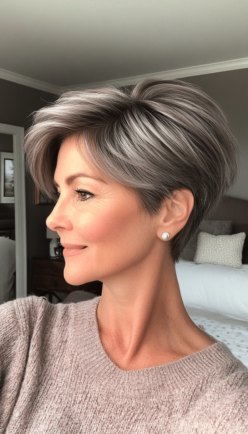 19. Short Layered Pixie in Salt-and-Pepper Blend (Hairstyles For Women Over 50 With Fine Hair) - Hairstyles For Women Over 50 With Fine Hair