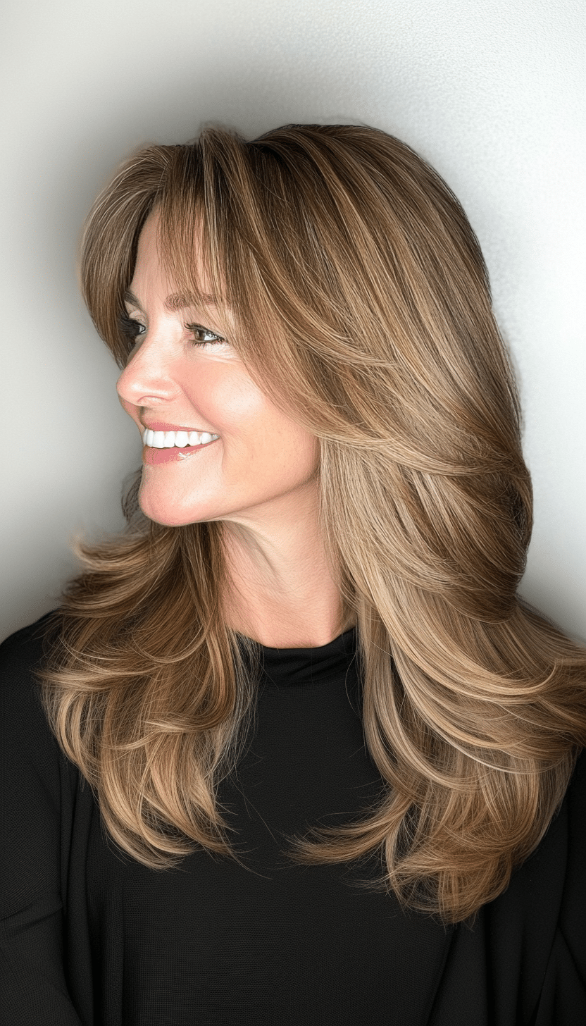 20. Curtain Bangs with Mid-Length Layers in Golden Brown (Hairstyles For Women Over 50 With Fine Hair) - Hairstyles For Women Over 50 With Fine Hair