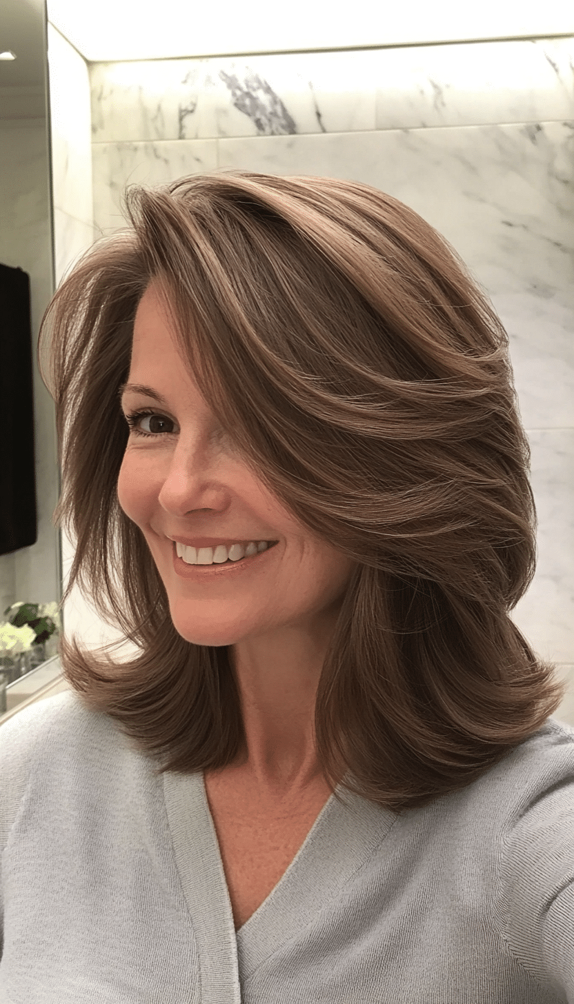 24. Mid-Length Feathered Cut in Rich Walnut (Hairstyles For Women Over 50 With Fine Hair) - Hairstyles For Women Over 50 With Fine Hair