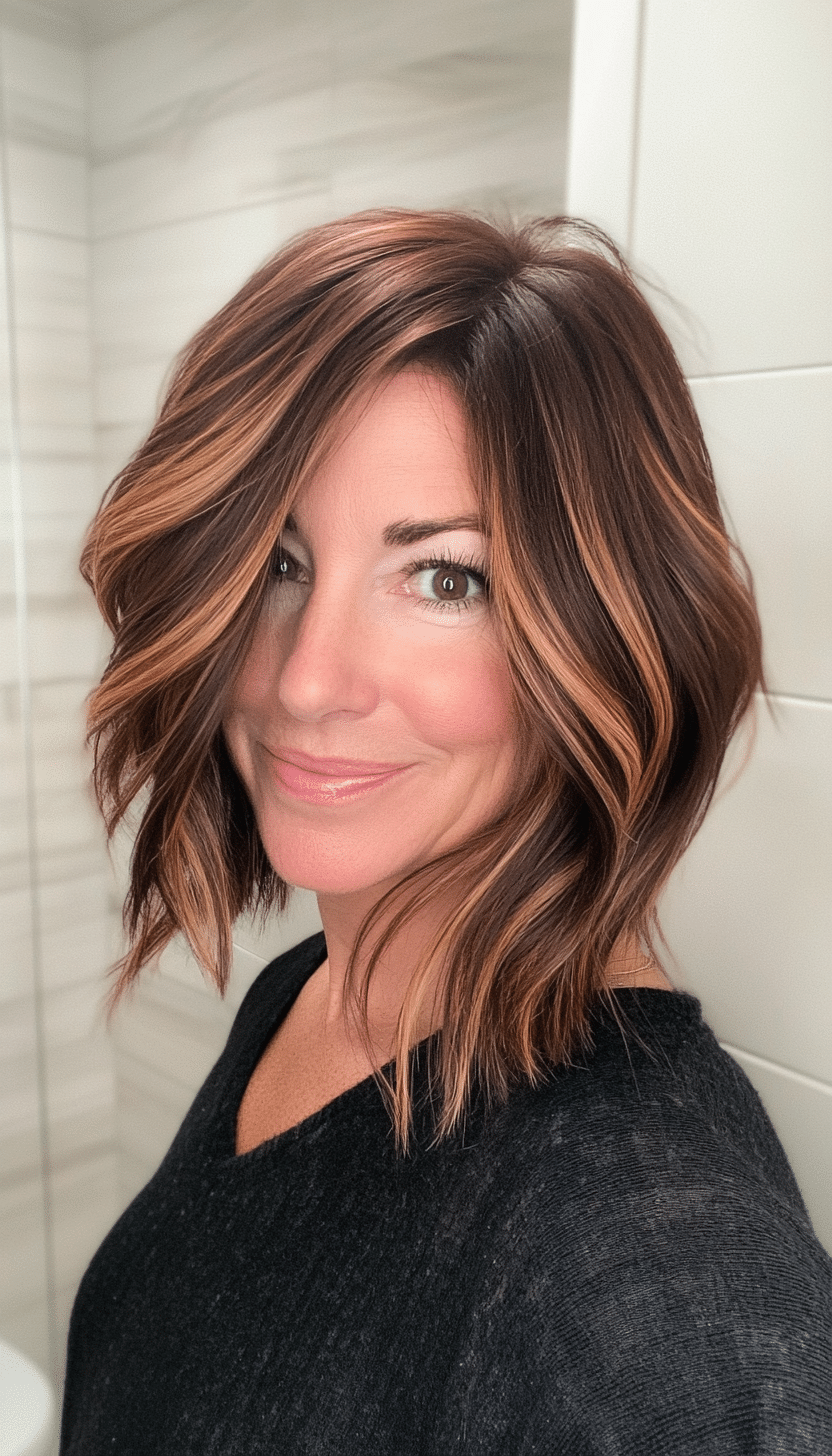 25. Side-Parted Lob with Chocolate Balayage (Hairstyles For Women Over 50 With Fine Hair) - Hairstyles For Women Over 50 With Fine Hair