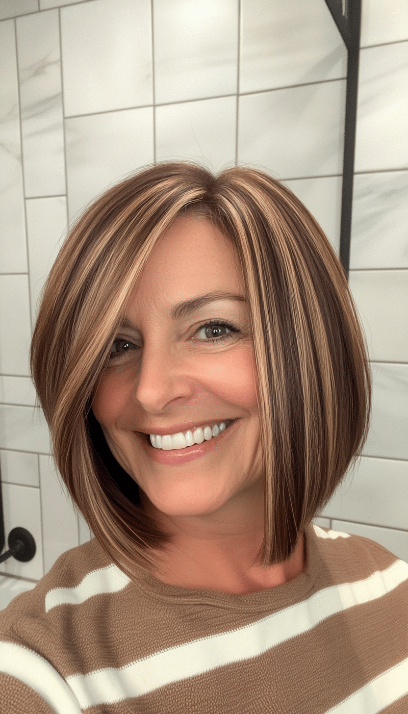 26. Tapered Bob with Chestnut Lowlights (Hairstyles For Women Over 50 With Fine Hair) - Hairstyles For Women Over 50 With Fine Hair
