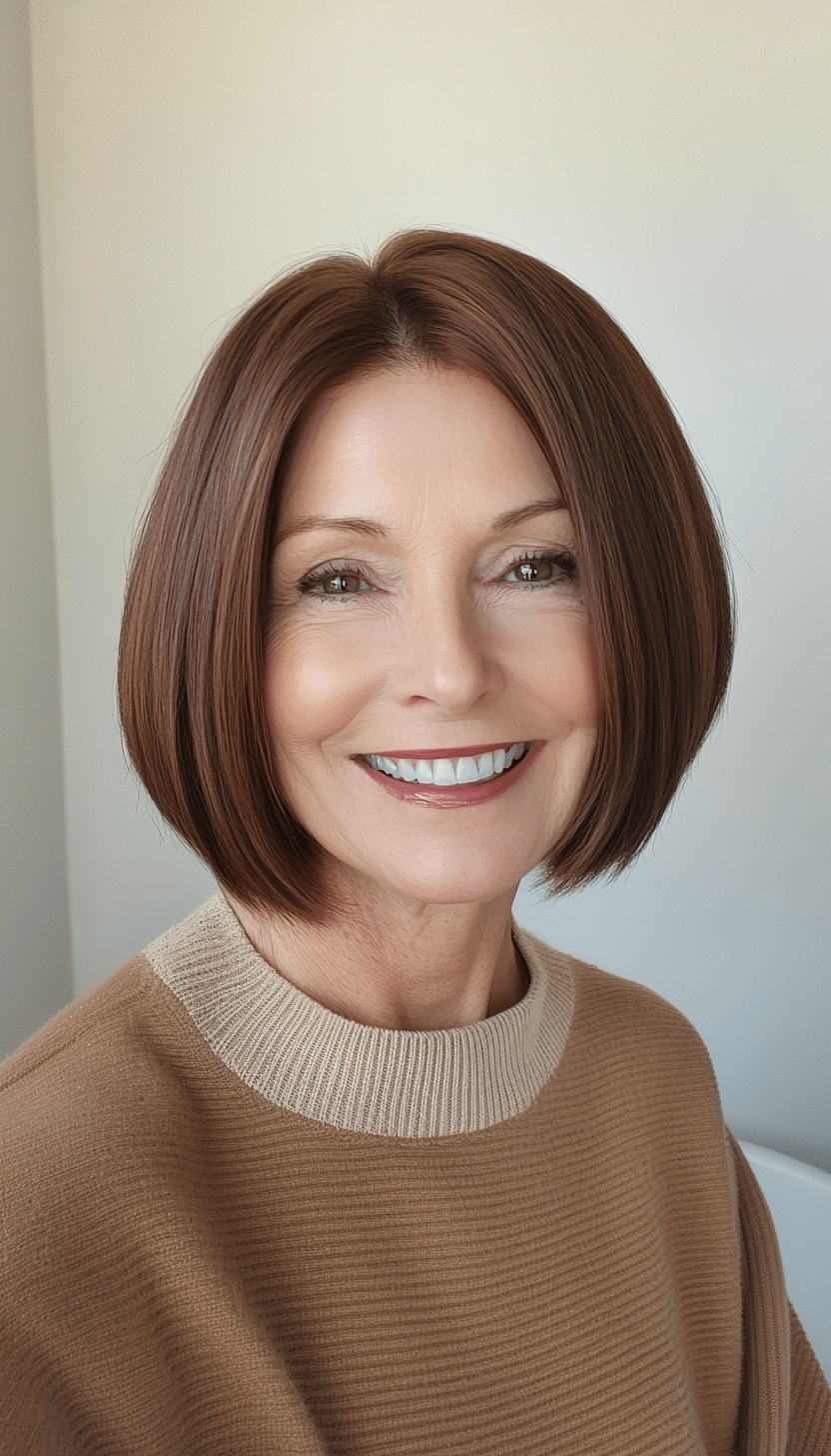 4. Chin-Length Bob with Chestnut Brown (Best Hairstyles For Women Over 50) - Best Hairstyles For Women Over 50