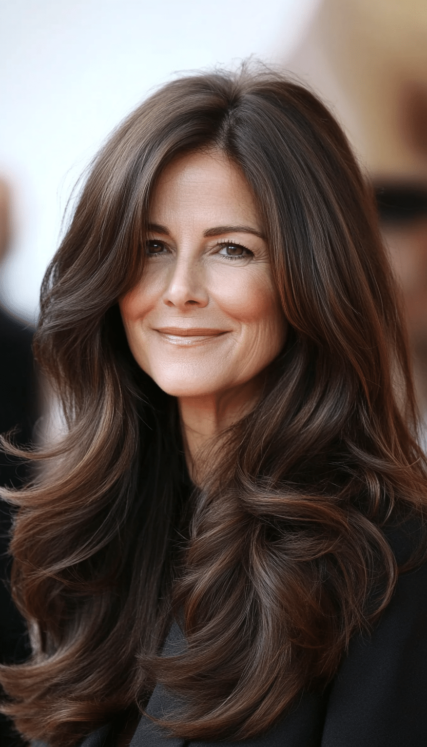 10. Long Layers with Dark Espresso Brown (Best Hairstyles For Women Over 50) - Best Hairstyles For Women Over 50