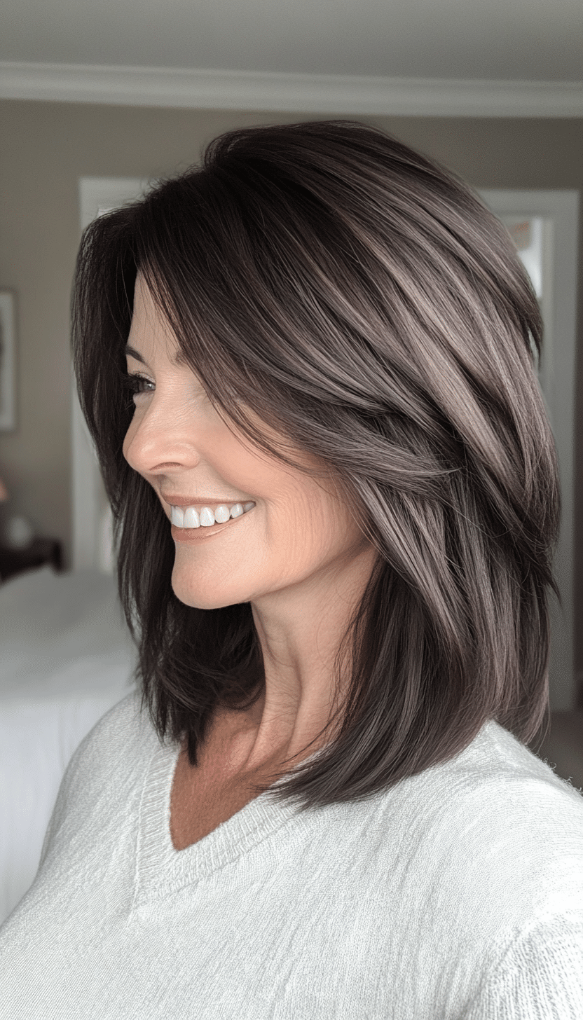 19. Wispy Bangs with Dark Brunette (Best Hairstyles For Women Over 50) - Best Hairstyles For Women Over 50