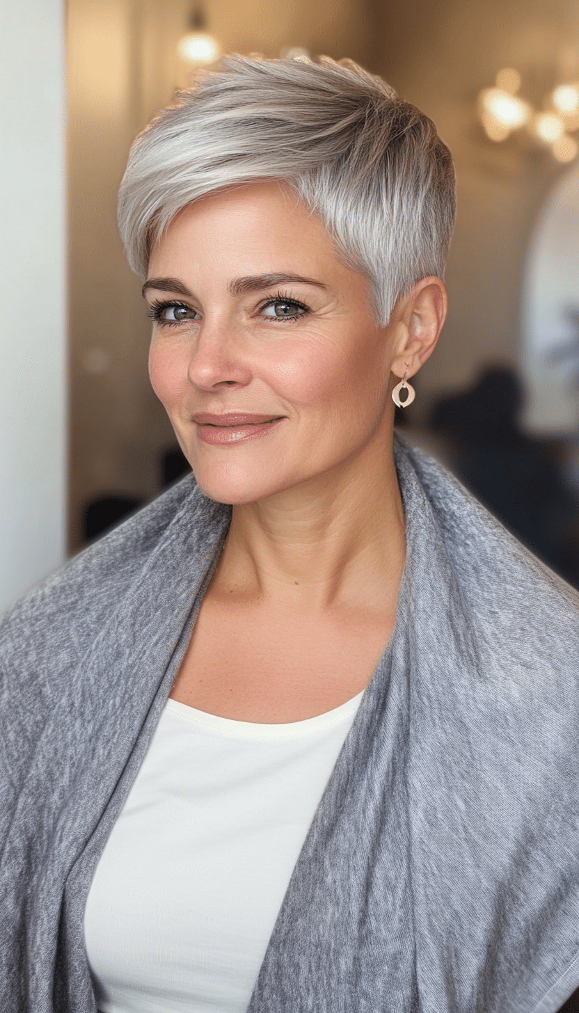 20. Modern Pixie with Pearl Gray (Best Hairstyles For Women Over 50) - Best Hairstyles For Women Over 50