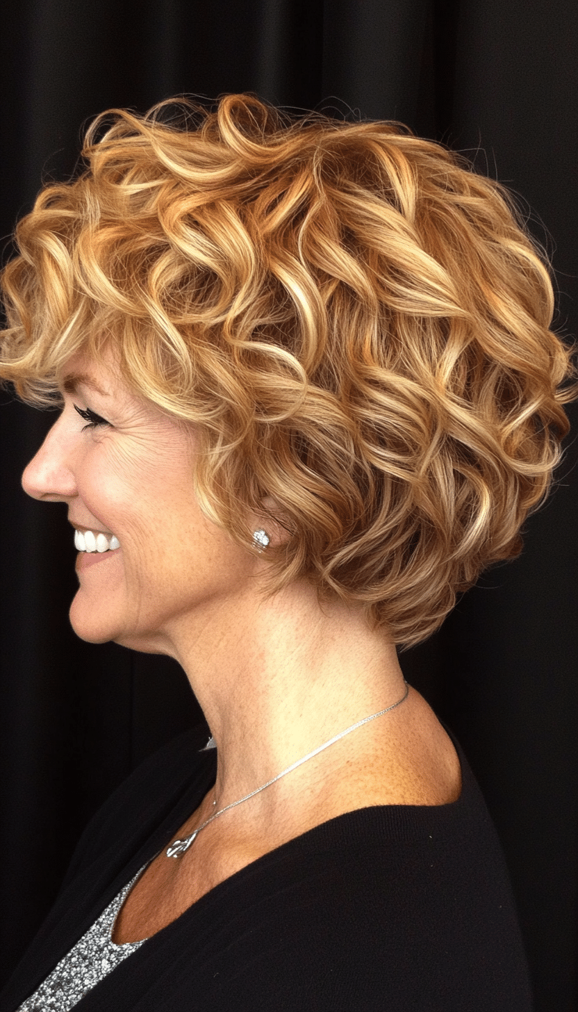 4. Feathered Curly Bob in Golden Blonde (Short Curly Hairstyles For Older Women) - Short Curly Hairstyles For Older Women