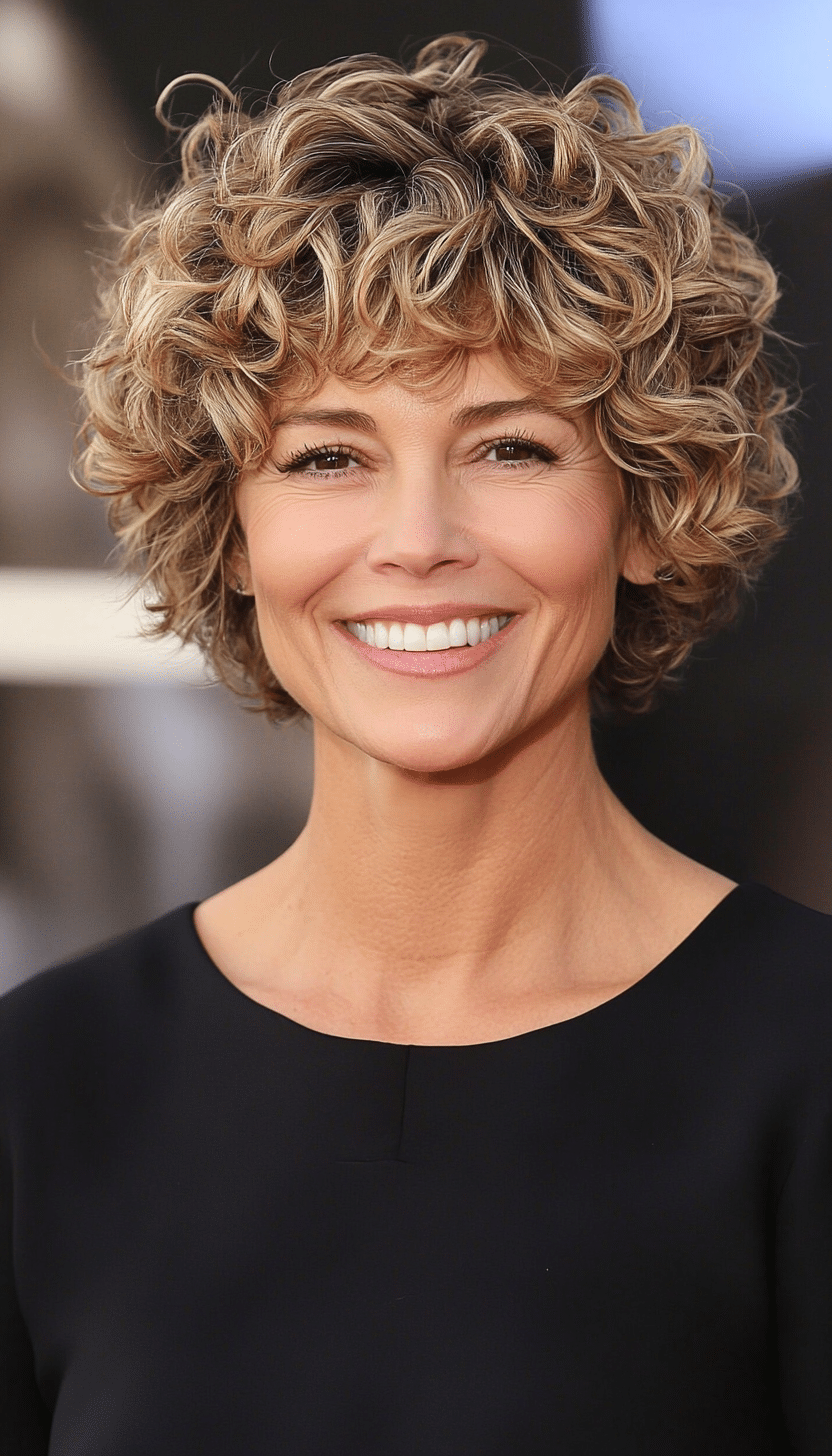 9. Tousled Curly Pixie with Sandy Blonde Highlights (Short Curly Hairstyles For Older Women) - Short Curly Hairstyles For Older Women