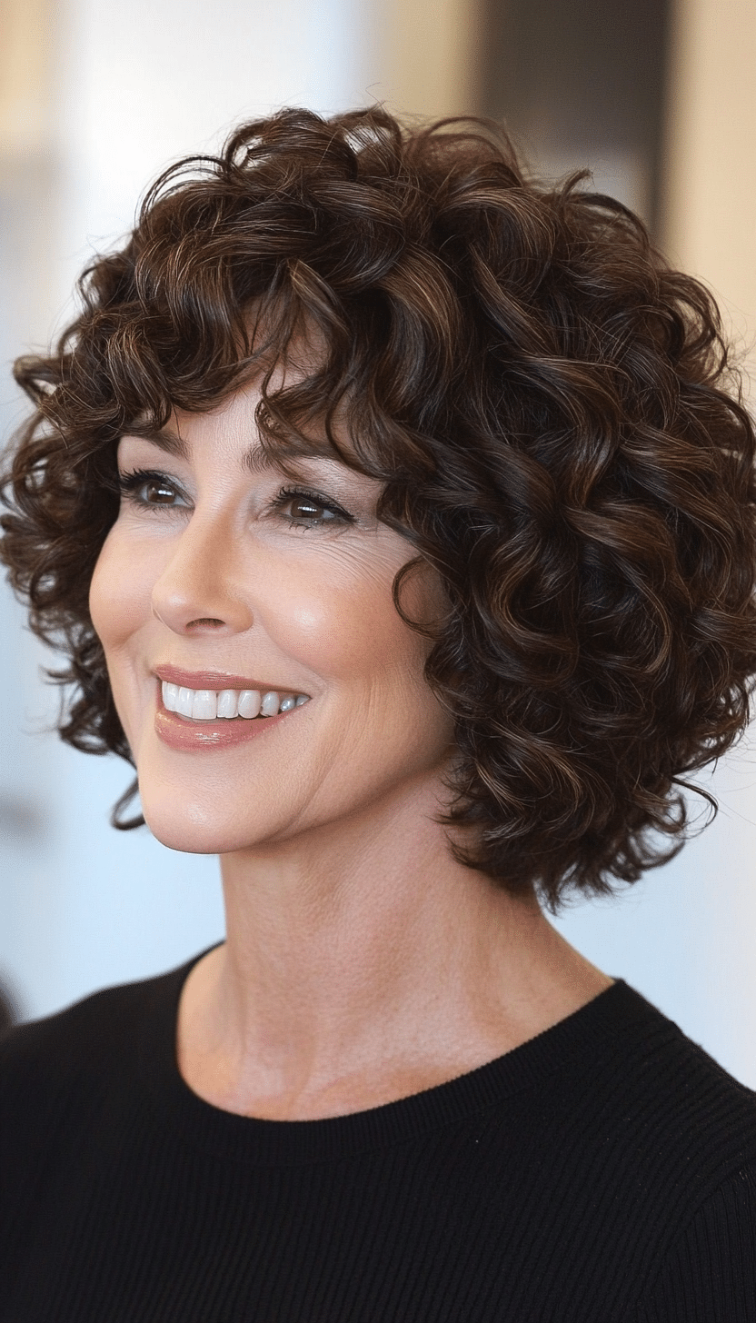 10. Curly French Bob in Rich Chocolate Brown (Short Curly Hairstyles For Older Women) - Short Curly Hairstyles For Older Women