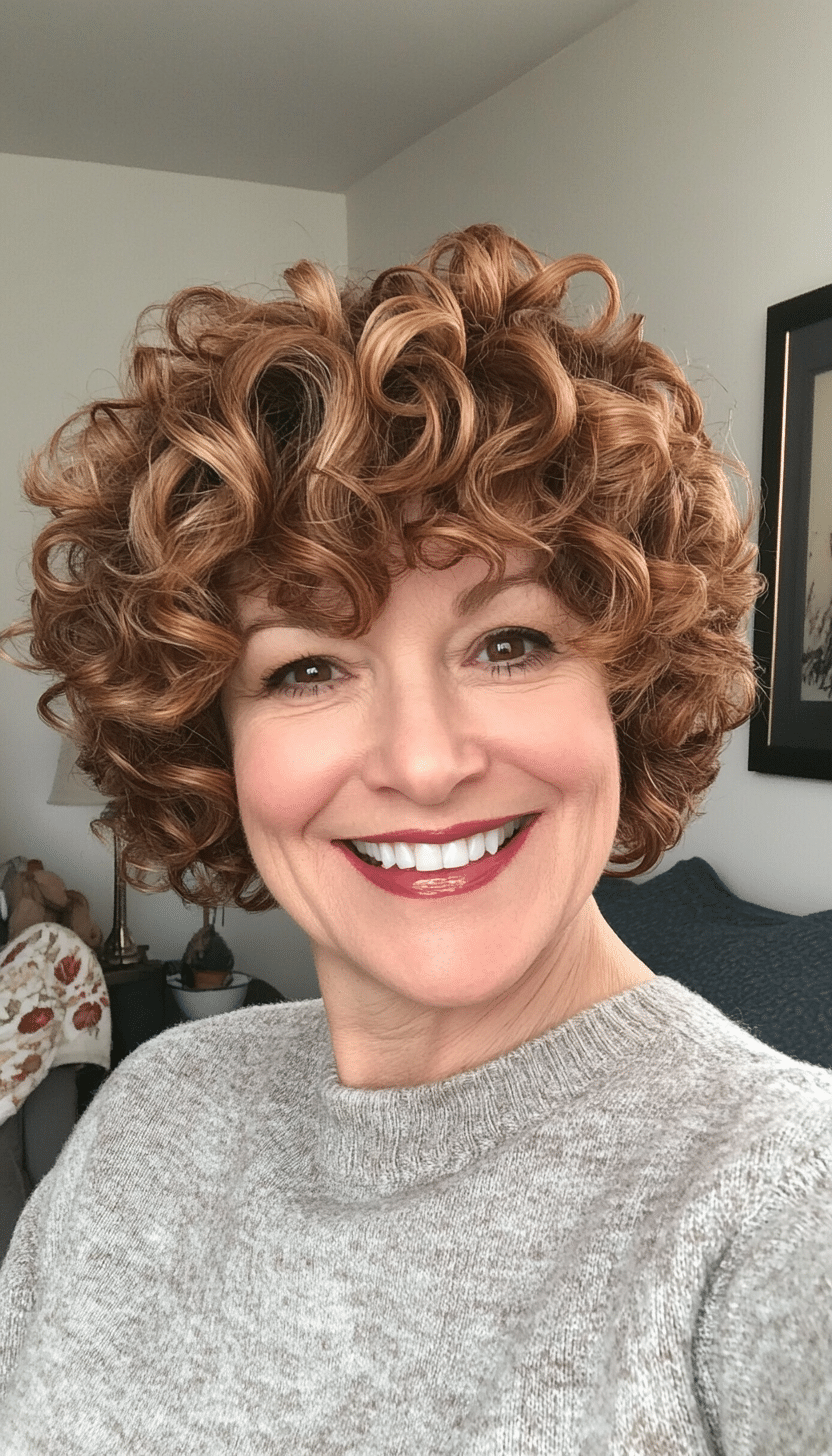 13. Layered Short Curls with Caramel Brown Accents (Short Curly Hairstyles For Older Women) - Short Curly Hairstyles For Older Women