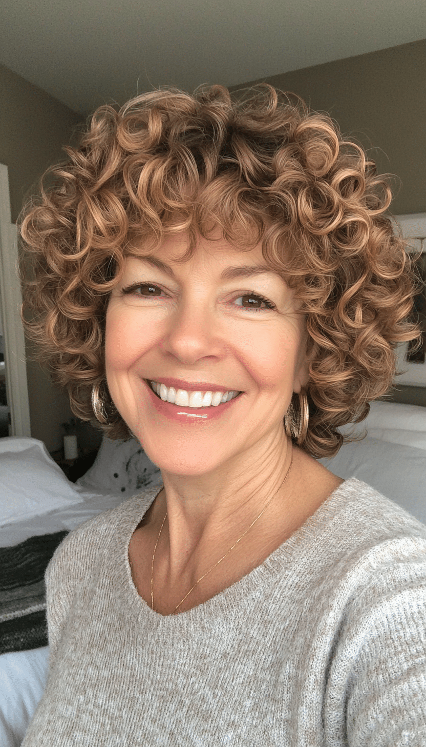 16. Short Defined Curls with Subtle Golden Brown Highlights (Short Curly Hairstyles For Older Women) - Short Curly Hairstyles For Older Women