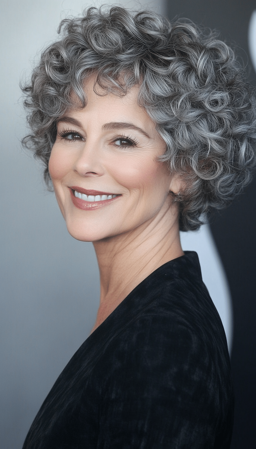17. Layered Curly Pixie in Smoky Silver (Short Curly Hairstyles For Older Women) - Short Curly Hairstyles For Older Women