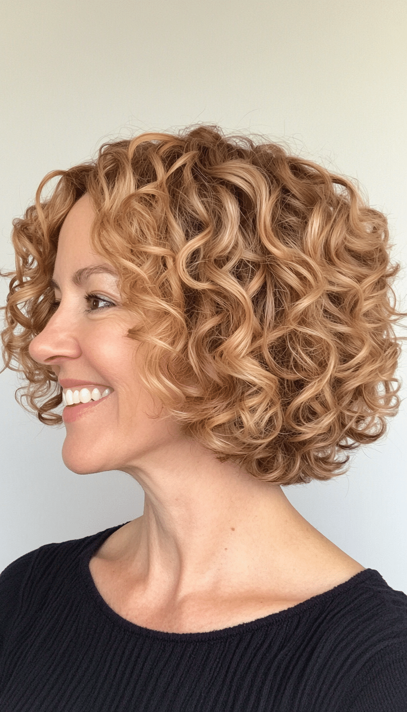 22. Chin-Length Curly Bob in Golden Honey Blonde (Short Curly Hairstyles For Older Women) - Short Curly Hairstyles For Older Women