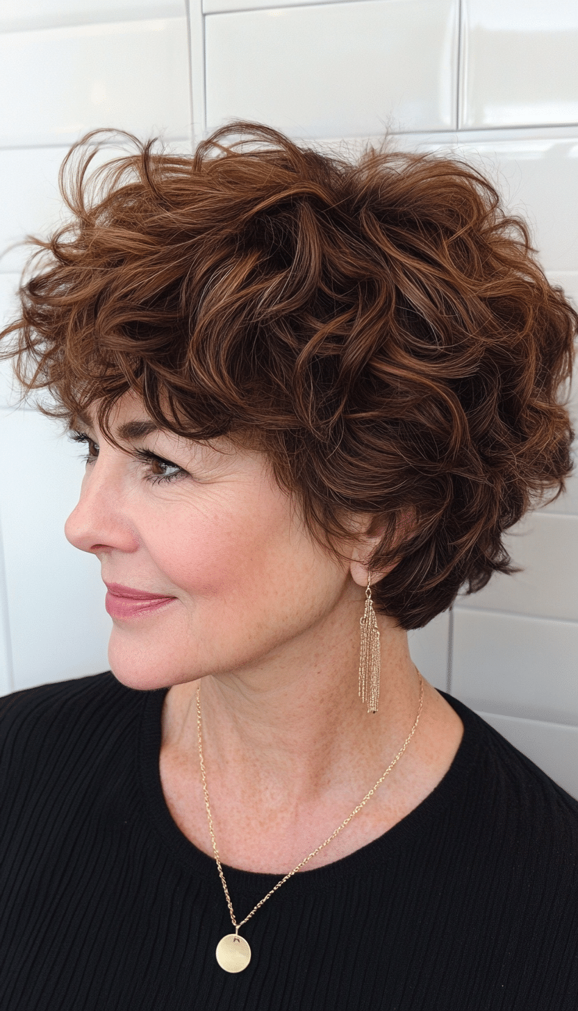 26. Choppy Curly Pixie in Warm Toffee Brown (Short Curly Hairstyles For Older Women) - Short Curly Hairstyles For Older Women