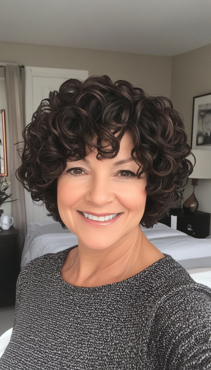 27. Short Curly Bob in Classic Dark Brown (Short Curly Hairstyles For Older Women) - Short Curly Hairstyles For Older Women