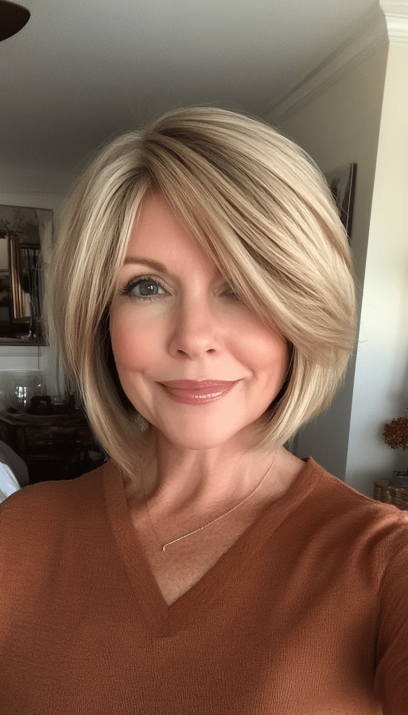 4. Chin-Length Bob with Side Bangs in Golden Blonde (Best Hairstyles For Women Over 60) - Best Hairstyles For Women Over 60