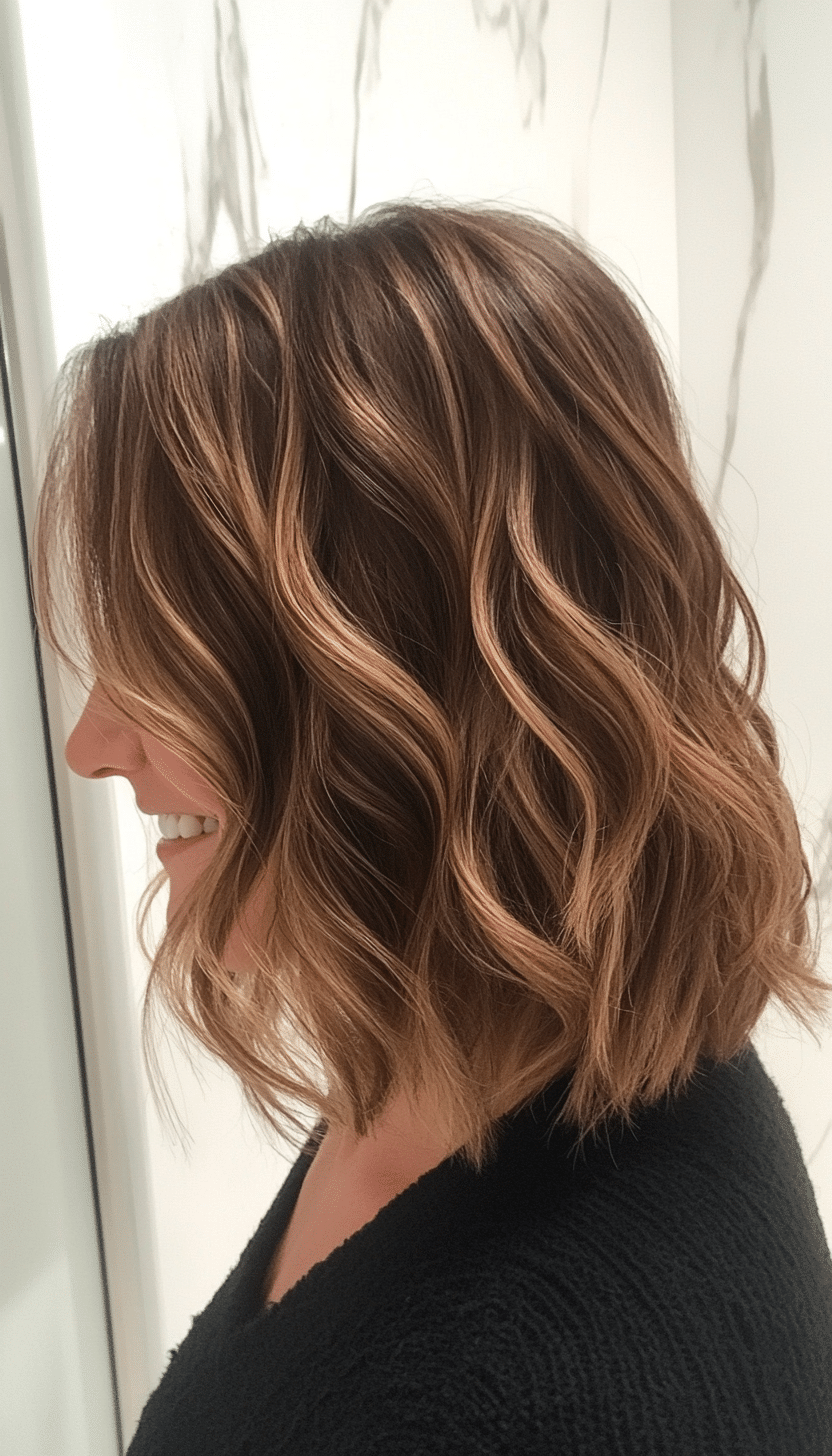 12. Soft Wavy Lob in Caramel Brunette (Best Hairstyles For Women Over 60) - Best Hairstyles For Women Over 60