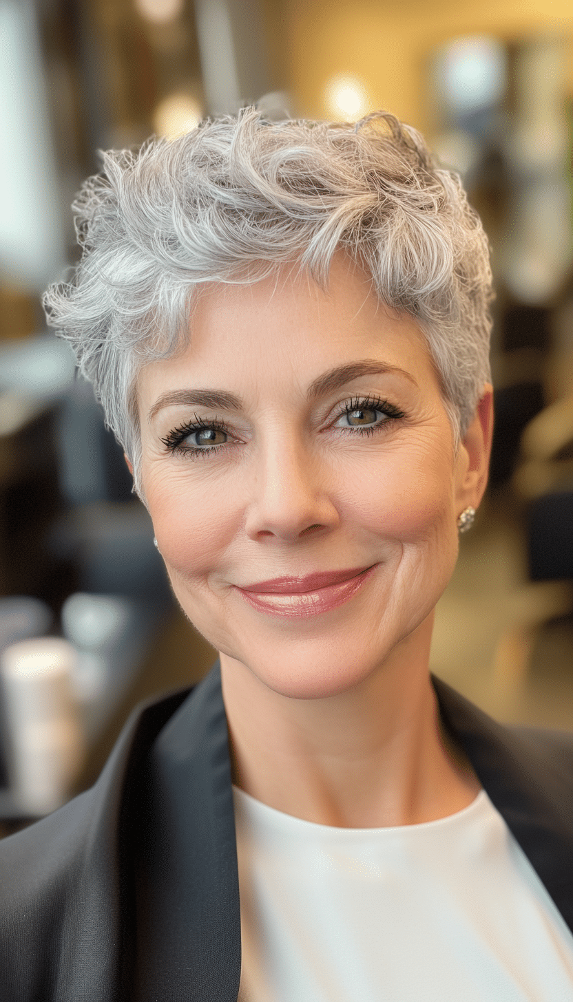 13. Curly Pixie in Natural Silver (Best Hairstyles For Women Over 60) - Best Hairstyles For Women Over 60