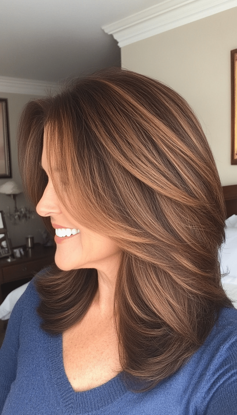 18. Mid-Length Layered Cut in Deep Chestnut (Best Hairstyles For Women Over 60) - Best Hairstyles For Women Over 60