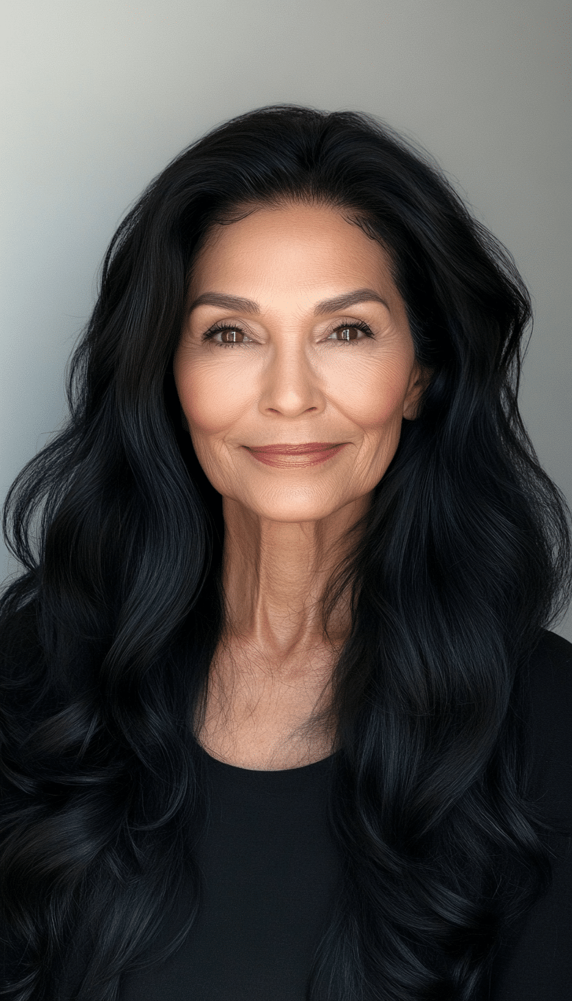 19. Long Soft Waves in Natural Black (Best Hairstyles For Women Over 60) - Best Hairstyles For Women Over 60