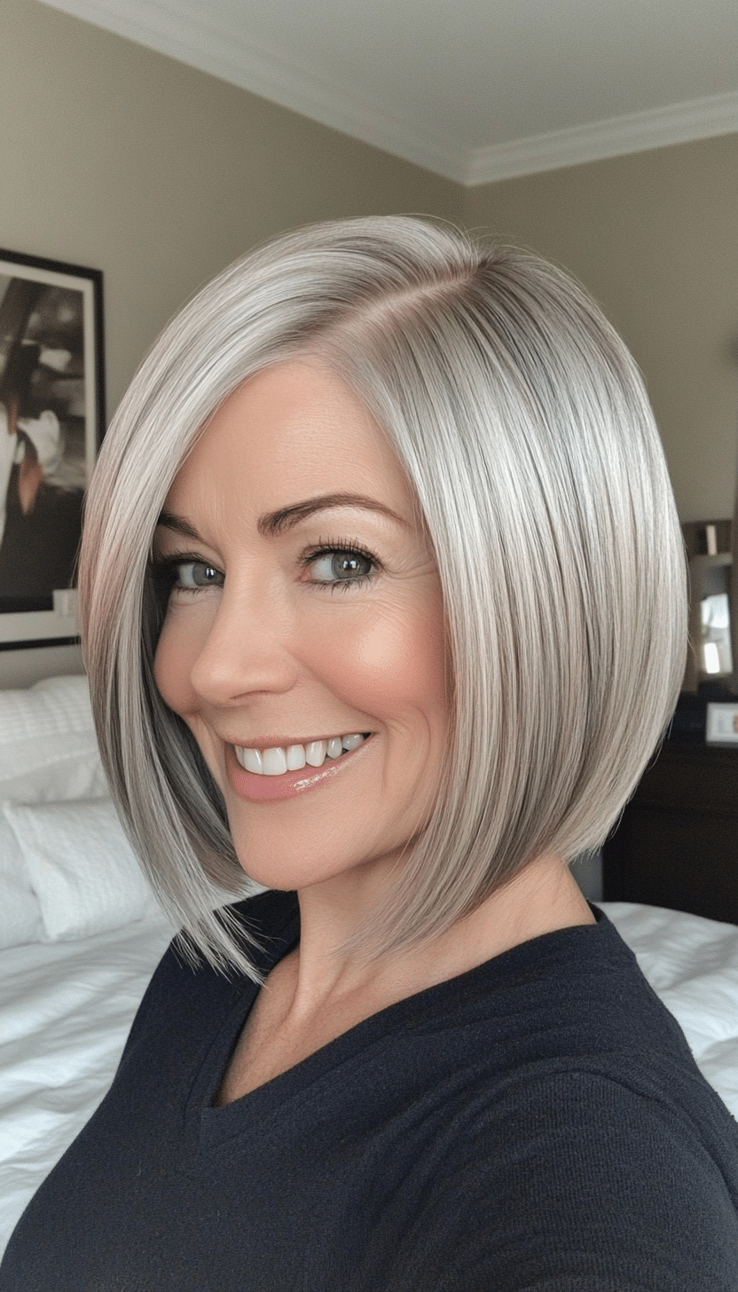 20. Short Angled Bob in Silver Blonde (Best Hairstyles For Women Over 60) - Best Hairstyles For Women Over 60