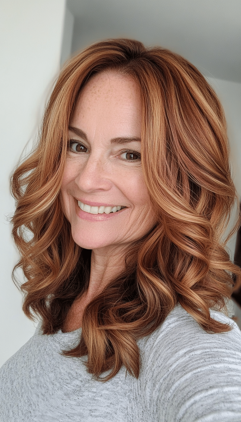 23. Shoulder-Length Layered Waves in Cinnamon Brown (Best Hairstyles For Women Over 60) - Best Hairstyles For Women Over 60