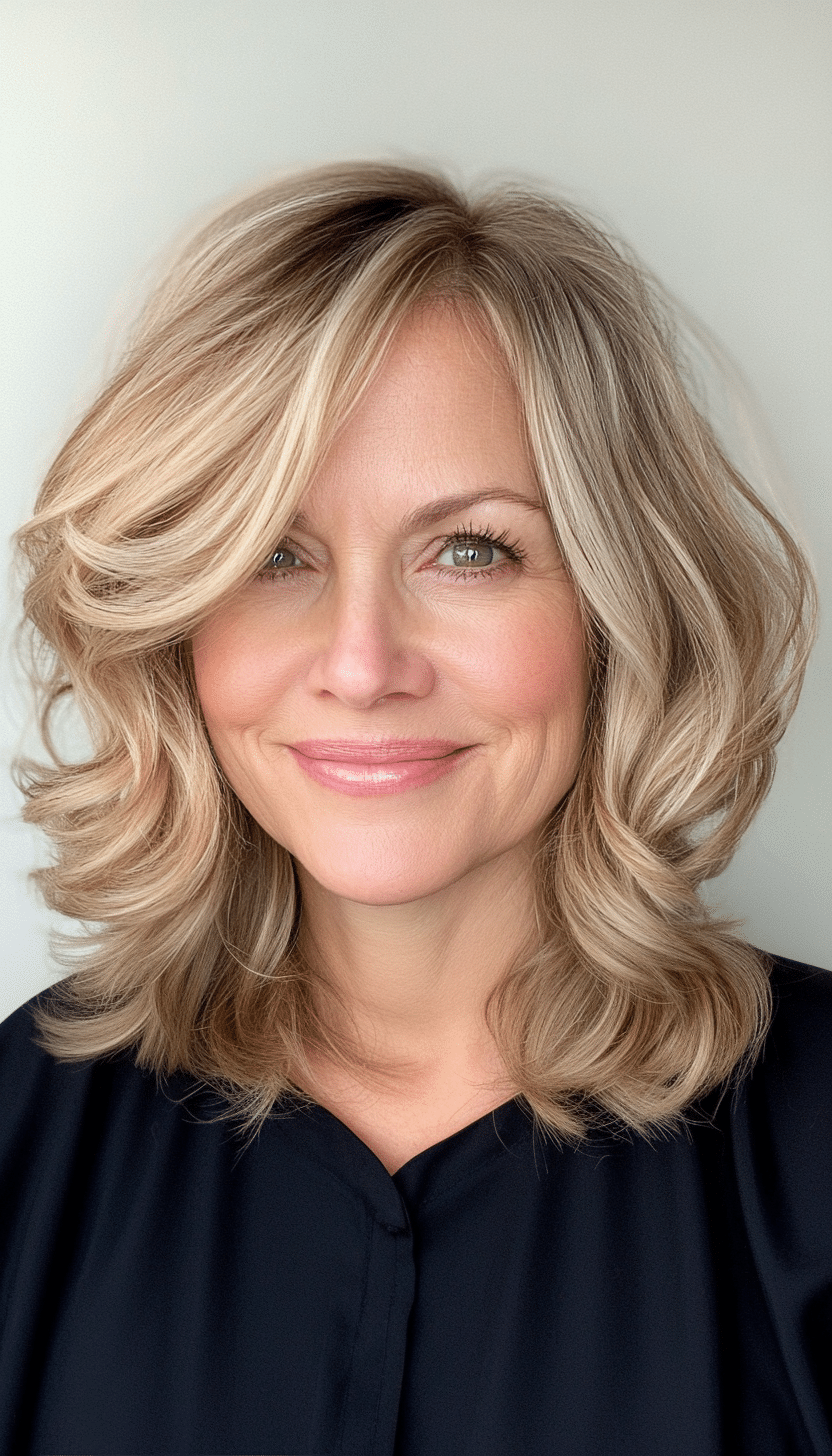 27. Curled Ends Lob in Warm Honey Blonde (Best Hairstyles For Women Over 60) - Best Hairstyles For Women Over 60