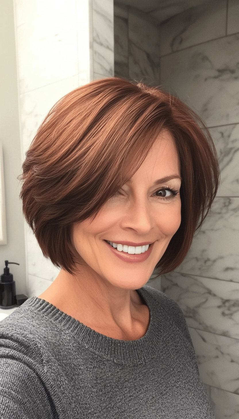 1. Soft Layered Bob in Chestnut Brown (Short Hairstyles For Women Over 50 With Thick Hair) - Short Hairstyles For Women Over 50 With Thick Hair