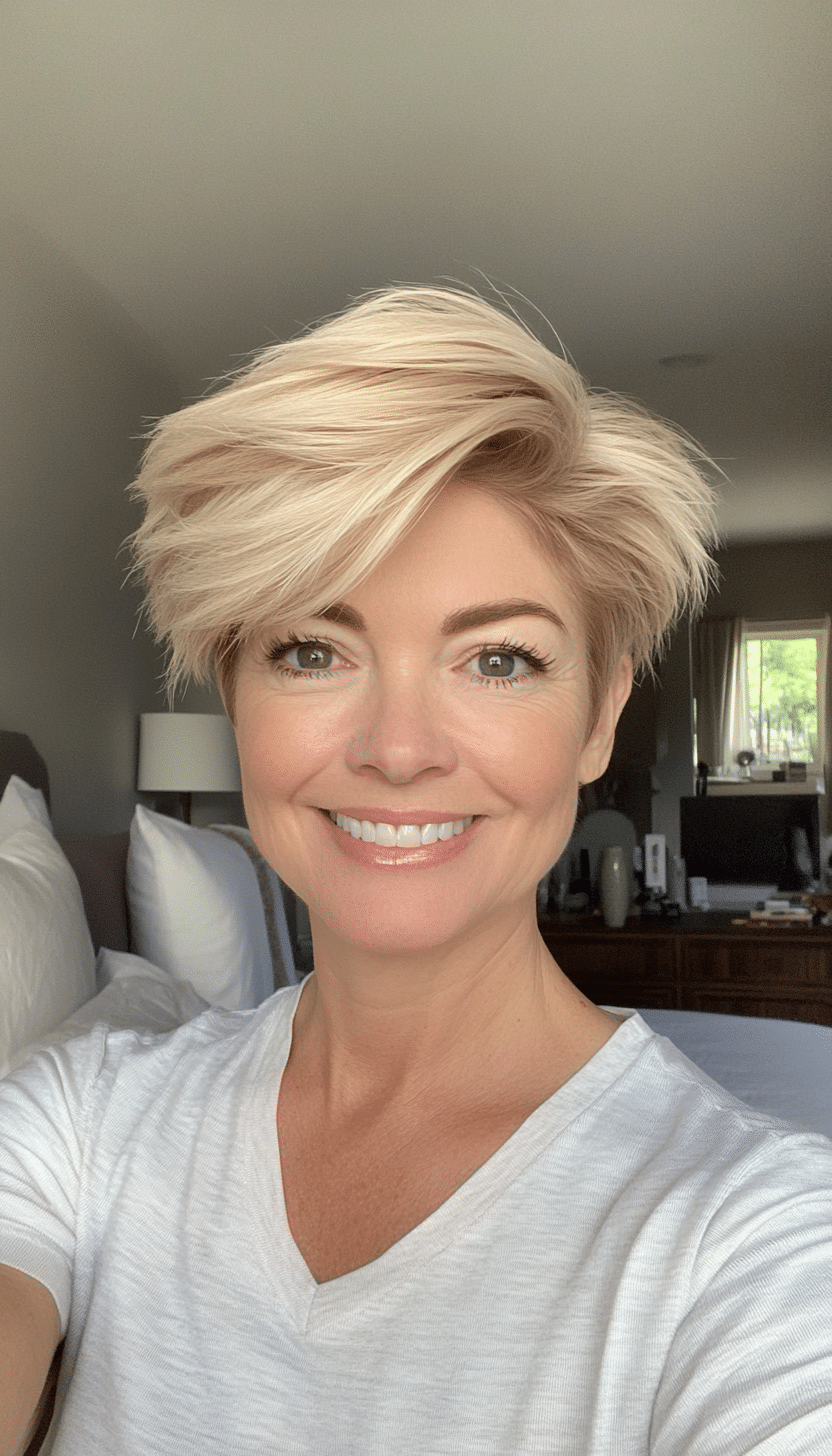 2. Feathered Pixie in Warm Honey Blonde (Short Hairstyles For Women Over 50 With Thick Hair) - Short Hairstyles For Women Over 50 With Thick Hair