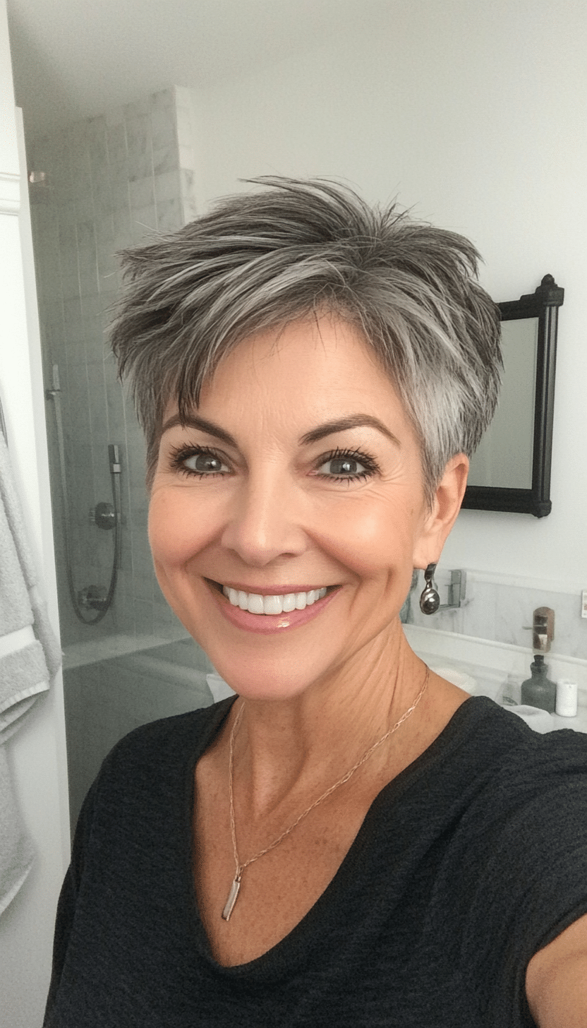 9. Choppy Pixie in Salt and Pepper Blend (Short Hairstyles For Women Over 50 With Thick Hair) - Short Hairstyles For Women Over 50 With Thick Hair