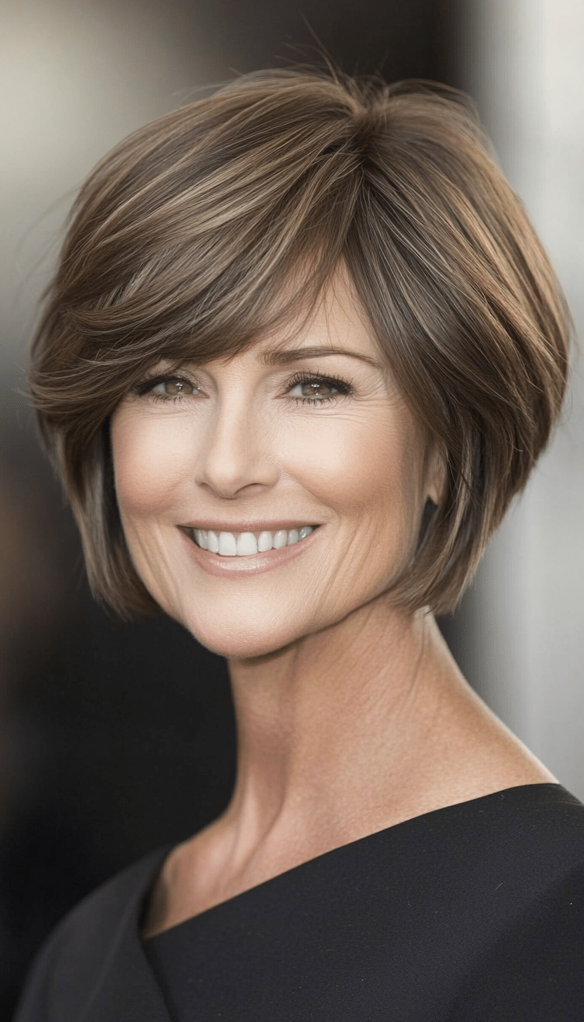 10. Classic Bob with Side Bangs in Ash Brown (Short Hairstyles For Women Over 50 With Thick Hair) - Short Hairstyles For Women Over 50 With Thick Hair