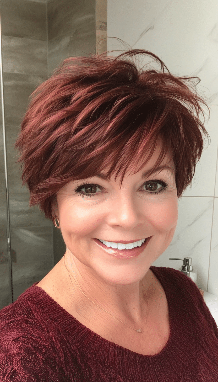 11. Voluminous Layered Crop in Deep Mahogany (Short Hairstyles For Women Over 50 With Thick Hair) - Short Hairstyles For Women Over 50 With Thick Hair