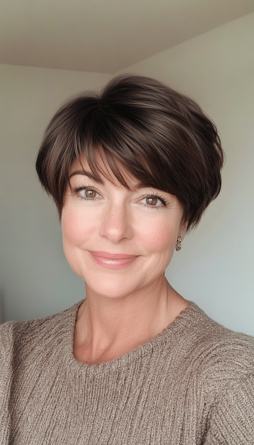 12. Sleek Pixie with Side Swept Bangs in Dark Brown (Short Hairstyles For Women Over 50 With Thick Hair) - Short Hairstyles For Women Over 50 With Thick Hair